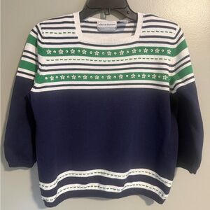 Alfred Dunner Navy/ Green Striped floral short sleeve Sweater petite medium
